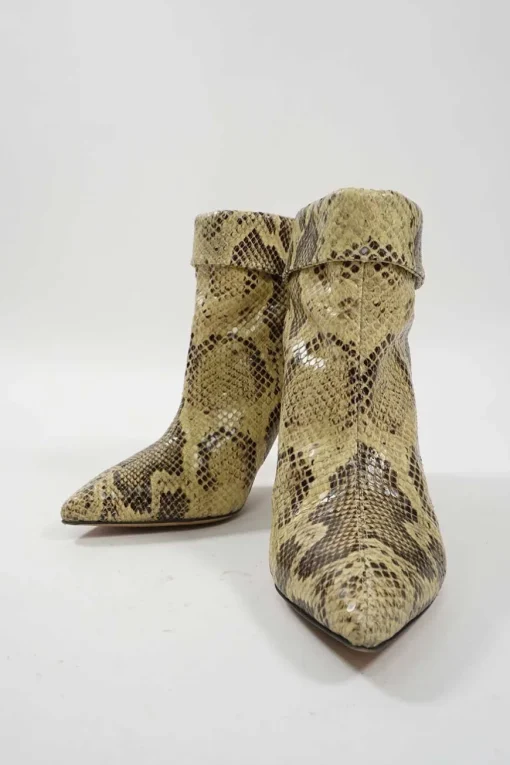 Cream python-embossed leather pointed-toe Lisbo cone heel slouchy foldover ankle boots