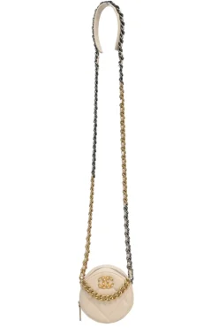 Cream quilted goatskin 19 round clutch with chain with mixed-metal hardware
