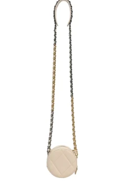 Cream quilted goatskin 19 round clutch with chain with mixed-metal hardware