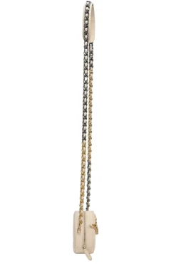 Cream quilted goatskin 19 round clutch with chain with mixed-metal hardware