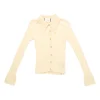 Cream rayon-blend micro-rib dagger collar button-front knit top