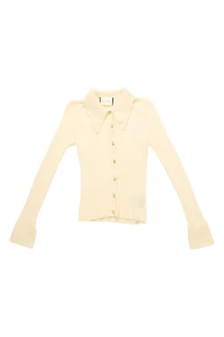 Cream rayon-blend micro-rib dagger collar button-front knit top