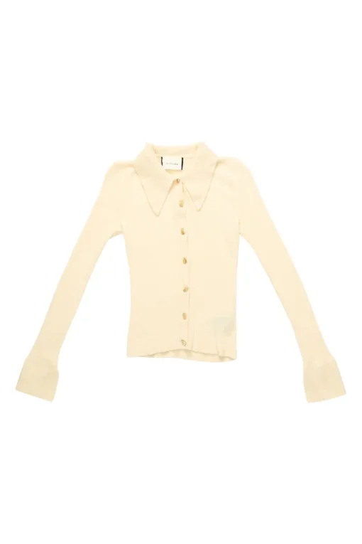 Cream rayon-blend micro-rib dagger collar button-front knit top