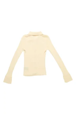 Cream rayon-blend micro-rib dagger collar button-front knit top