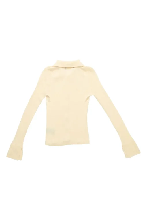 Cream rayon-blend micro-rib dagger collar button-front knit top