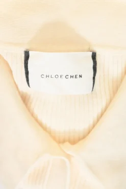 Cream rayon-blend micro-rib dagger collar button-front knit top