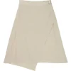 Cream silk asymmetric apron-style wrap-front A-line skirt with pull tab fastening at side