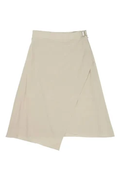 Cream silk asymmetric apron-style wrap-front A-line skirt with pull tab fastening at side