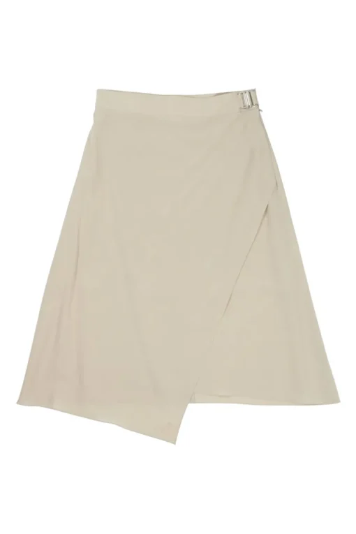 Cream silk asymmetric apron-style wrap-front A-line skirt with pull tab fastening at side