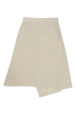 Cream silk asymmetric apron-style wrap-front A-line skirt with pull tab fastening at side