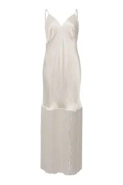 Cream silk satin Zoya plunge neck fringe slip nightdress