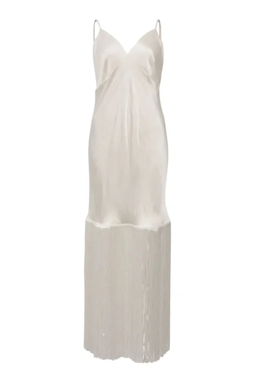 Cream silk satin Zoya plunge neck fringe slip nightdress