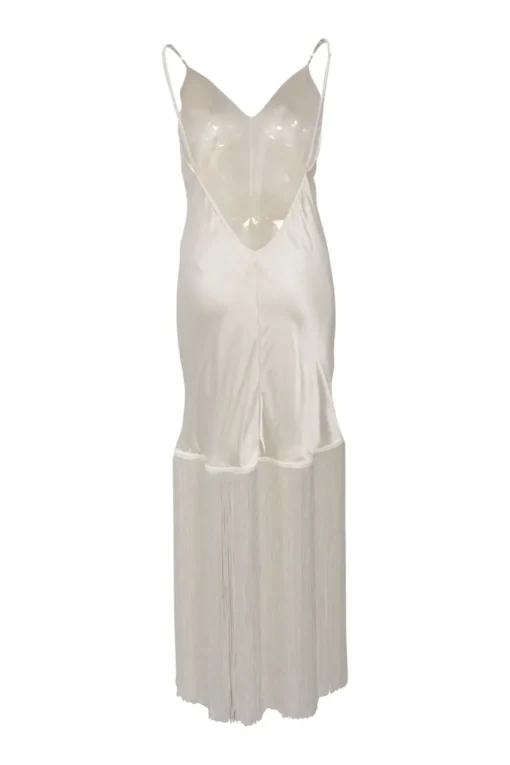 Cream silk satin Zoya plunge neck fringe slip nightdress