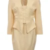 Cream wool two-piece suit set featuring Hussar-style sculpt tailored jacket and knee-length pencil skirt