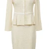 Cream wool-blend bouclé tweed single breasted collarless tailored jacket and pencil skirt suit set