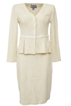 Cream wool-blend bouclé tweed single breasted collarless tailored jacket and pencil skirt suit set
