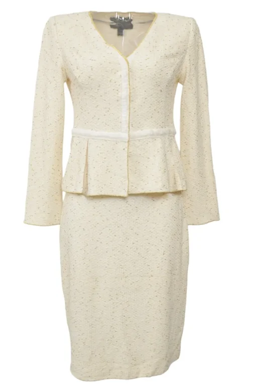 Cream wool-blend bouclé tweed single breasted collarless tailored jacket and pencil skirt suit set