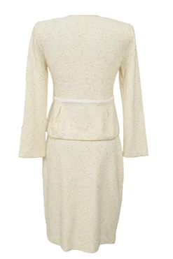 Cream wool-blend bouclé tweed single breasted collarless tailored jacket and pencil skirt suit set