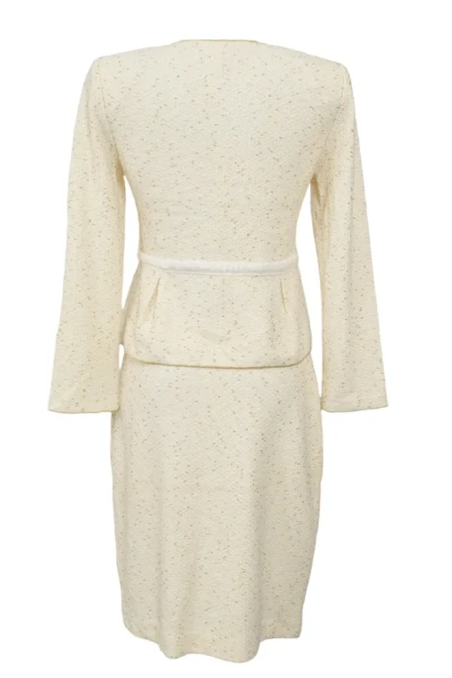 Cream wool-blend bouclé tweed single breasted collarless tailored jacket and pencil skirt suit set