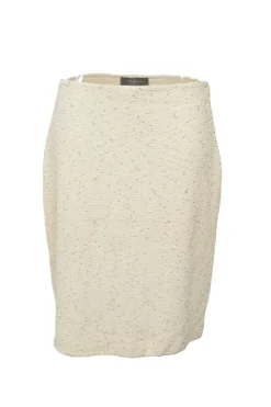 Cream wool-blend bouclé tweed single breasted collarless tailored jacket and pencil skirt suit set