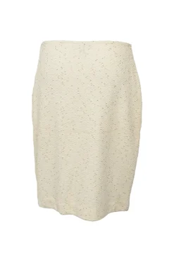 Cream wool-blend bouclé tweed single breasted collarless tailored jacket and pencil skirt suit set