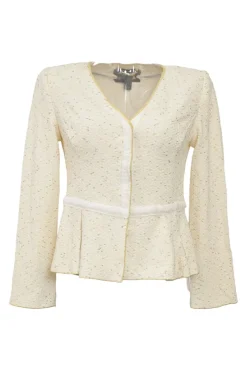 Cream wool-blend bouclé tweed single breasted collarless tailored jacket and pencil skirt suit set