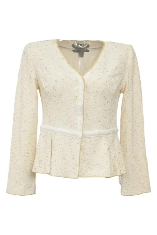 Cream wool-blend bouclé tweed single breasted collarless tailored jacket and pencil skirt suit set