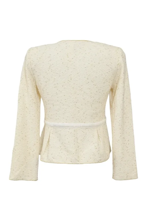 Cream wool-blend bouclé tweed single breasted collarless tailored jacket and pencil skirt suit set