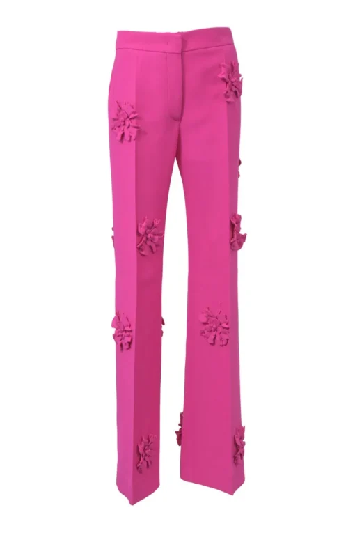 Crêpe Couture PP pink viscose-silk blend high-rise straight-leg tailored trousers with tonal floral appliqué