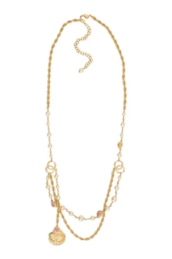 Crystal and resin faux pearl-embellished multi-strand gold-finish metallic chain rope necklace with scallop shell Coco Mark pendant