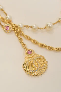Crystal and resin faux pearl-embellished multi-strand gold-finish metallic chain rope necklace with scallop shell Coco Mark pendant