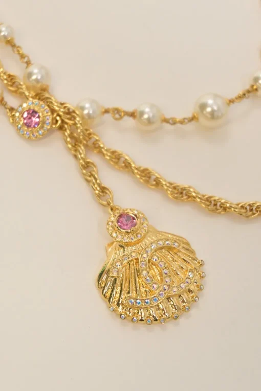Crystal and resin faux pearl-embellished multi-strand gold-finish metallic chain rope necklace with scallop shell Coco Mark pendant