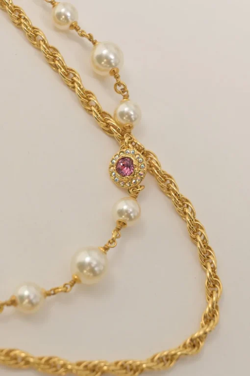 Crystal and resin faux pearl-embellished multi-strand gold-finish metallic chain rope necklace with scallop shell Coco Mark pendant