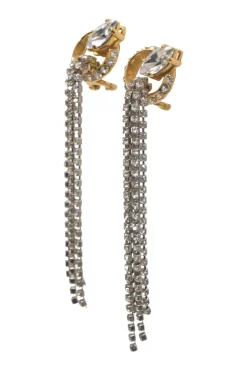 Crystal-embellished brass and silver-tone mixed-metal waterfall clip-back drop earrings