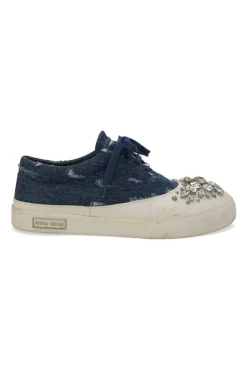 Crystal-embellished distressed indigo denim and rubber low-top sneakers
