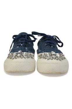 Crystal-embellished distressed indigo denim and rubber low-top sneakers