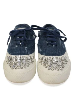 Crystal-embellished distressed indigo denim and rubber low-top sneakers