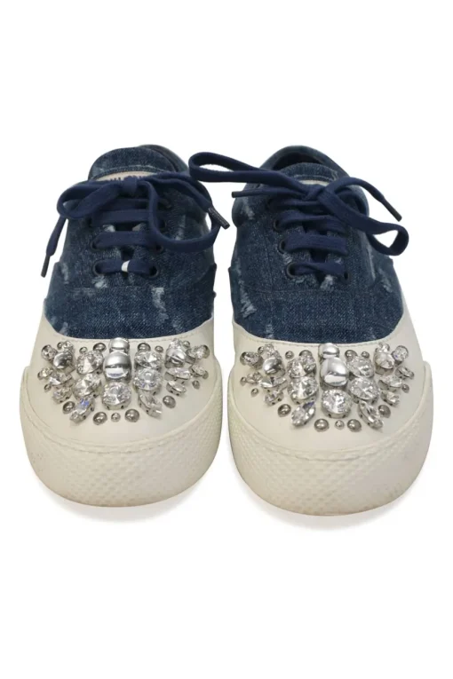 Crystal-embellished distressed indigo denim and rubber low-top sneakers