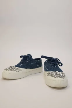 Crystal-embellished distressed indigo denim and rubber low-top sneakers