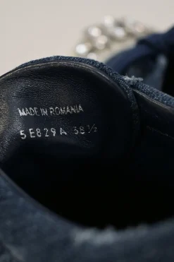 Crystal-embellished distressed indigo denim and rubber low-top sneakers