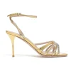 Crystal-embellished foiled lambskin criss-cross buckle strap heeled sandals