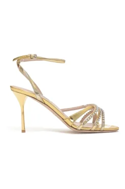 Crystal-embellished foiled lambskin criss-cross buckle strap heeled sandals