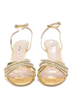 Crystal-embellished foiled lambskin criss-cross buckle strap heeled sandals