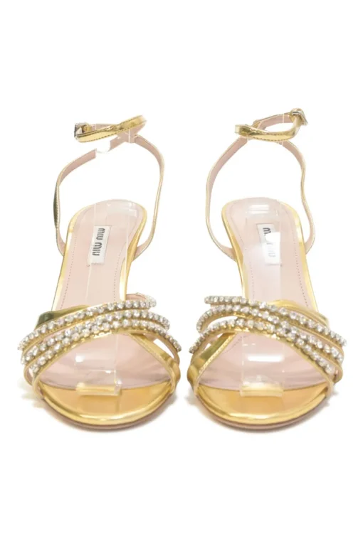 Crystal-embellished foiled lambskin criss-cross buckle strap heeled sandals
