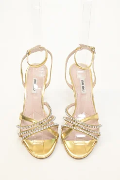 Crystal-embellished foiled lambskin criss-cross buckle strap heeled sandals