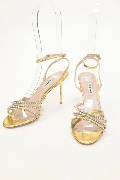 Crystal-embellished foiled lambskin criss-cross buckle strap heeled sandals