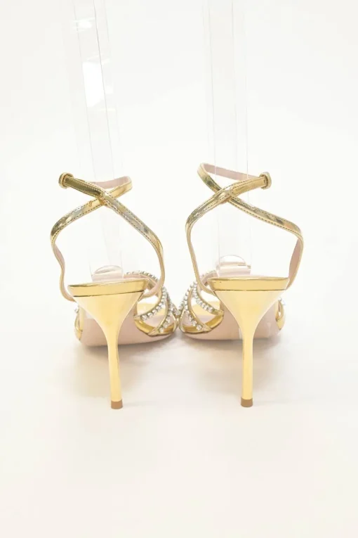 Crystal-embellished foiled lambskin criss-cross buckle strap heeled sandals