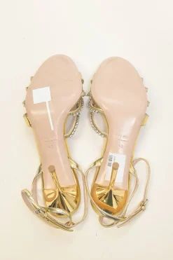 Crystal-embellished foiled lambskin criss-cross buckle strap heeled sandals