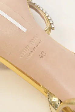 Crystal-embellished foiled lambskin criss-cross buckle strap heeled sandals