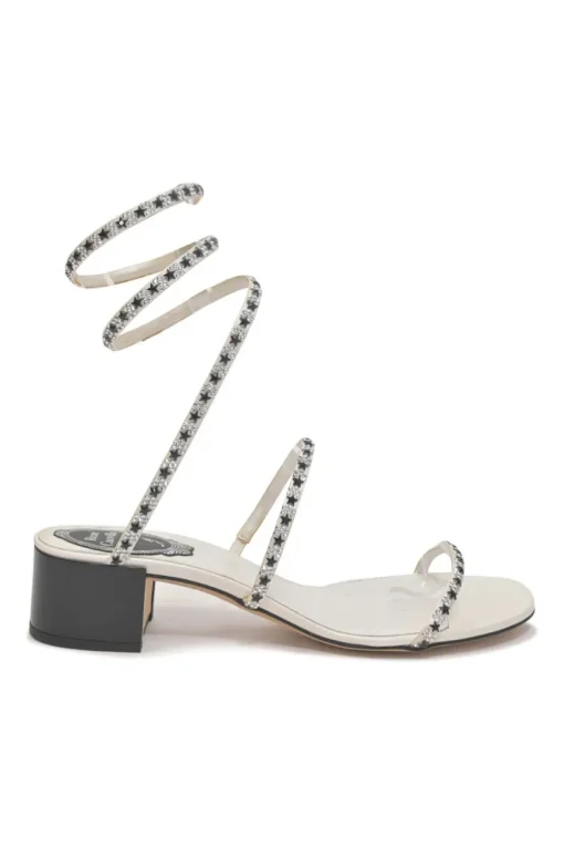 Crystal-embellished leather round-toe Cleo Stelina block heel sandals with fixed coiled straps